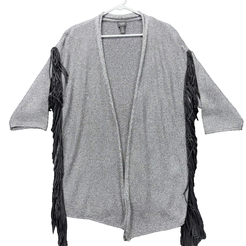 Chicos Cardigan Womens 2 Fringe Trim Open Front Textured Knit 3/4 Sleeve Gray